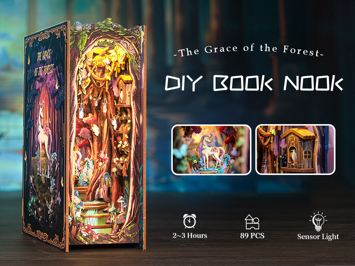 Book Nook: The Enchanted Forest - 3D Wooden Miniature - DIY Fantasy Puzzle for Shelf Decoration - Vintage Puzzle