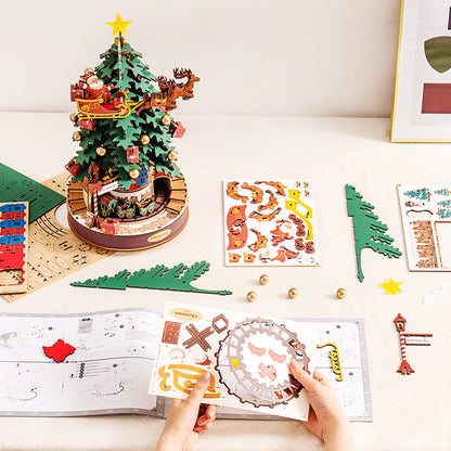 Árbol de navidad - Decoración Navidad 3D madera arbol - Puzzle DIY navideño rompecabezas con luz y música para el hogar