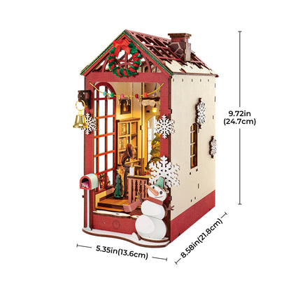 Book Nook: Casa de Natal - Suportes para livros em miniatura de madeira 3D DIY Kit de decoração de estante - Presente de Natal para amantes de livros 