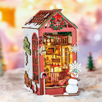 Book Nook: Casa de Natal - Suportes para livros em miniatura de madeira 3D DIY Kit de decoração de estante - Presente de Natal para amantes de livros 