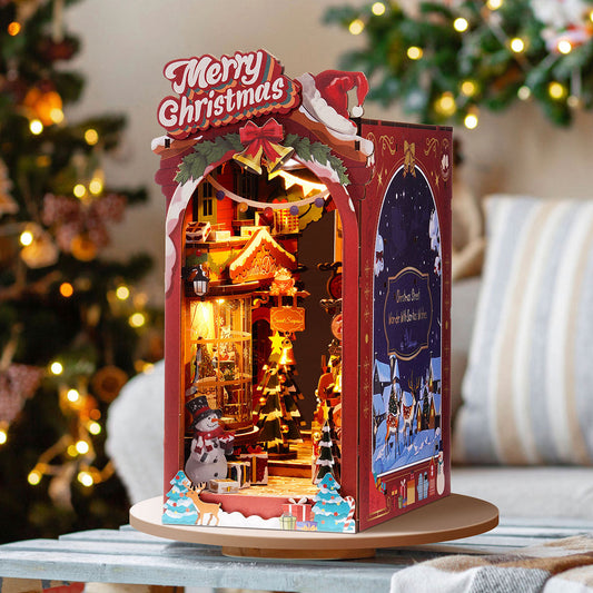 Book Nook: Christmas Street - Suportes para livros em miniatura de madeira 3D DIY Kit de decoração de estante - Presente de Natal para amantes de livros 