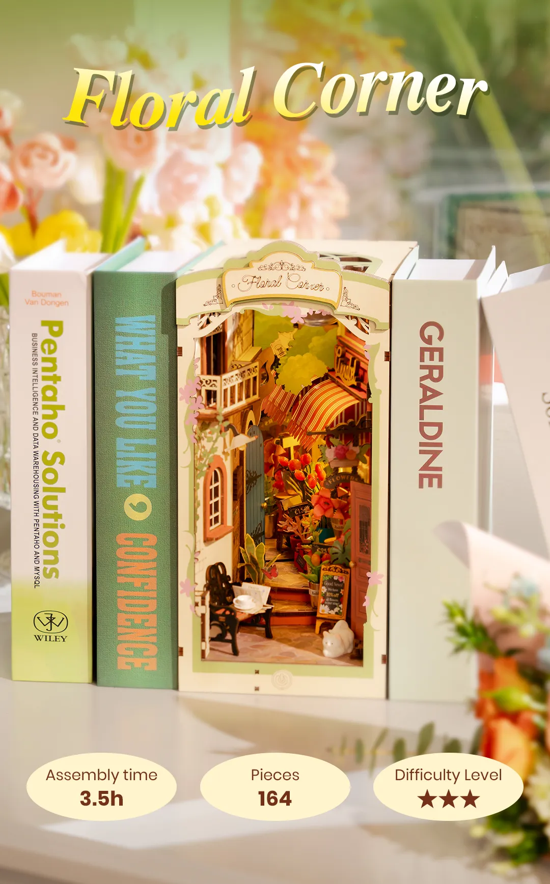 Book Nook: La floristería - Sujetalibros Miniatura puzzle 3D de madera - separador estantería