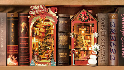 Book Nook: Calle de Navidad - Sujetalibros Miniatura 3D de Madera DIY Kit de Decoración de Estantería - Regalo Navideño Amantes de Libros