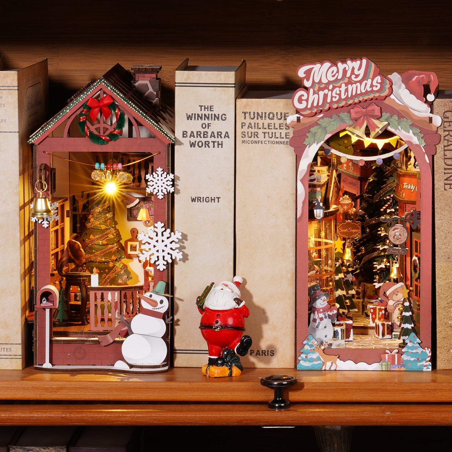 Book Nook: Calle de Navidad - Sujetalibros Miniatura 3D de Madera DIY Kit de Decoración de Estantería - Regalo Navideño Amantes de Libros