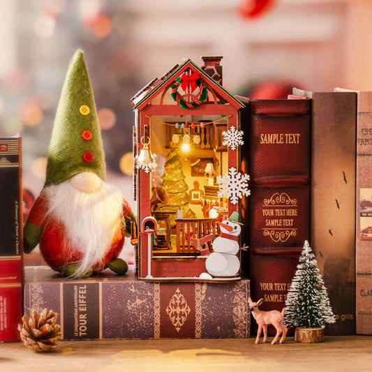 Book Nook: Casa de Natal - Suportes para livros em miniatura de madeira 3D DIY Kit de decoração de estante - Presente de Natal para amantes de livros 