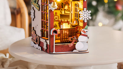 Book Nook: Casa de Natal - Suportes para livros em miniatura de madeira 3D DIY Kit de decoração de estante - Presente de Natal para amantes de livros 